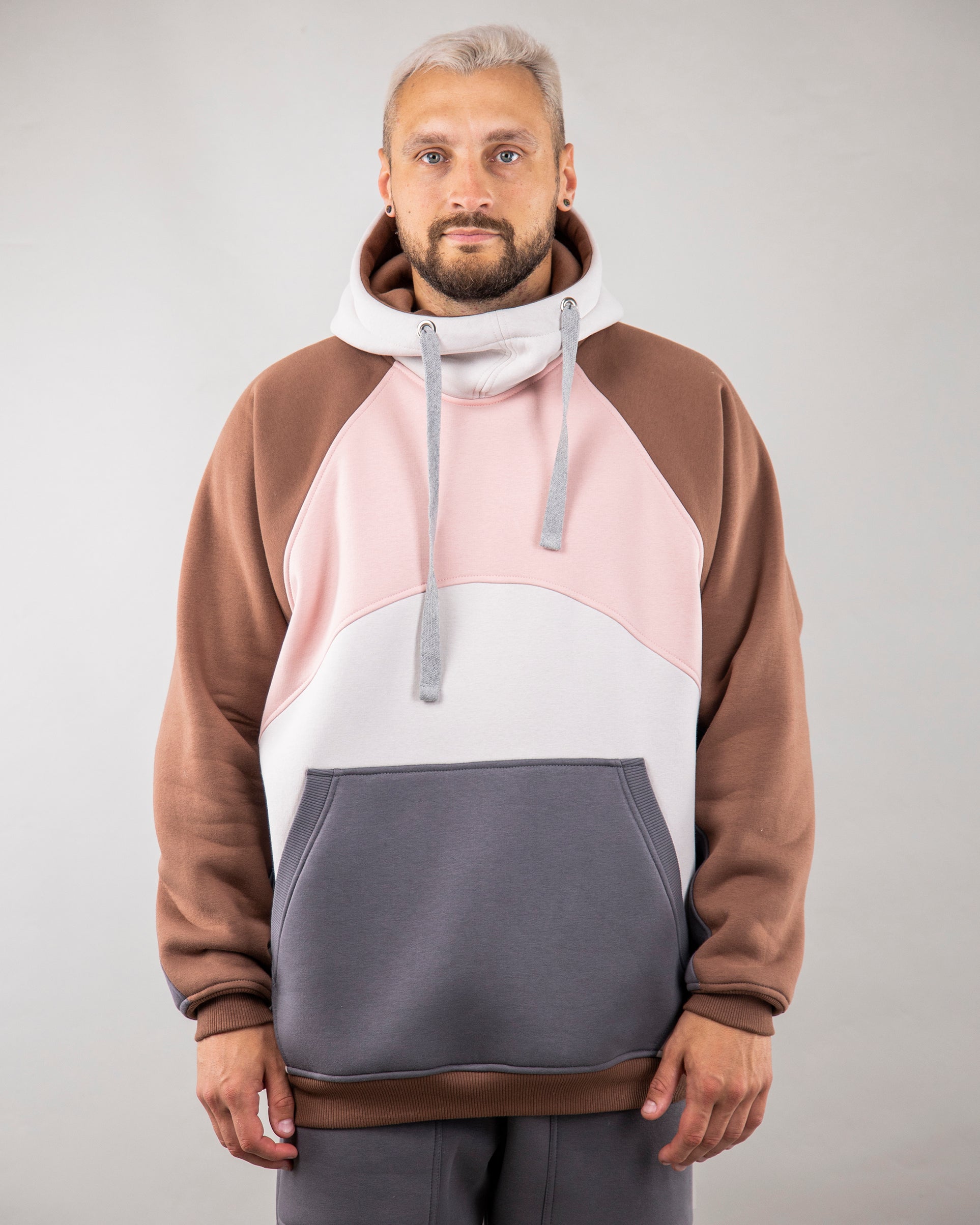 Hoodie "Umka", warm oversize hoodie. Pink/Cream/Brown. In front. Man