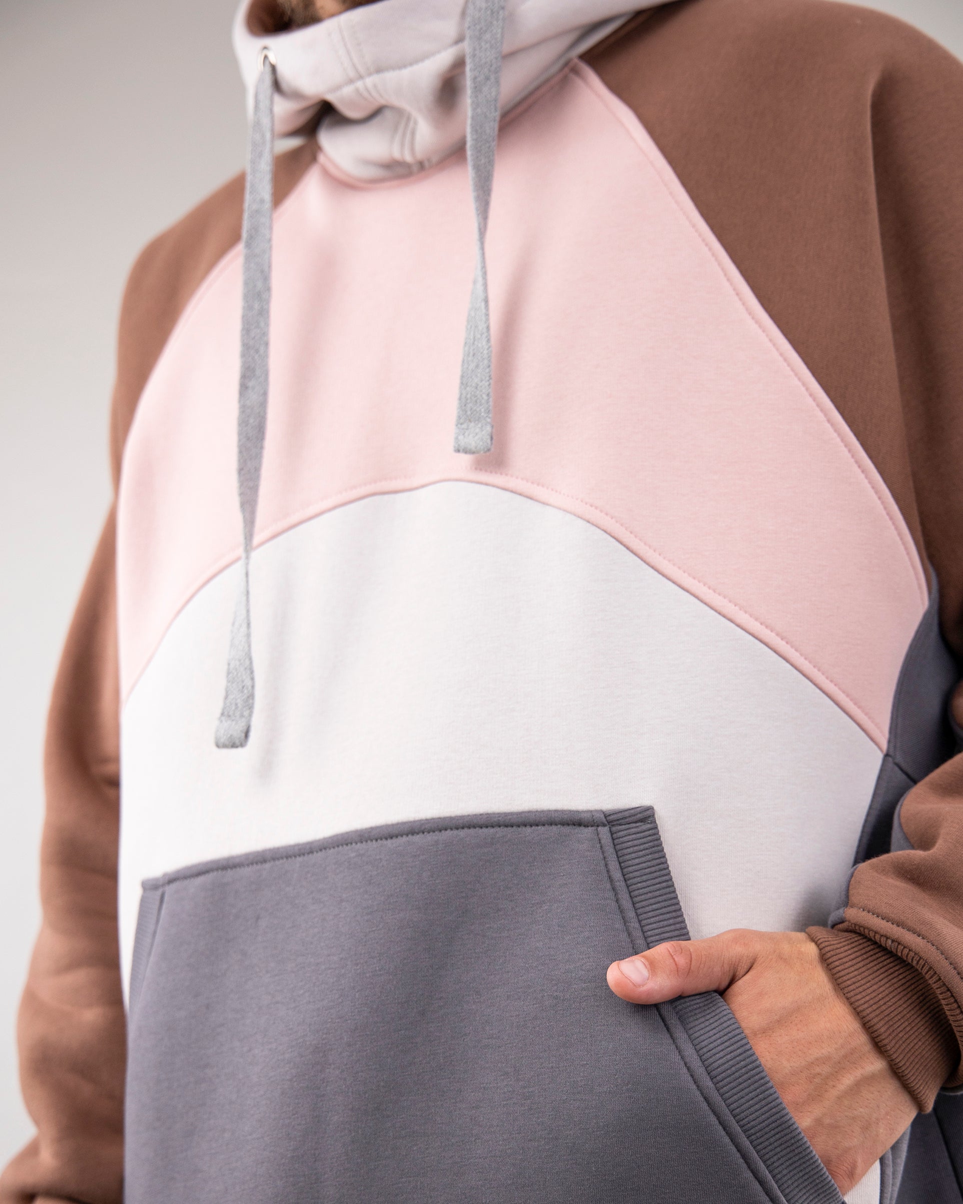Hoodie "Umka", warm oversize hoodie. Pink/Cream/Brown. Man in front
