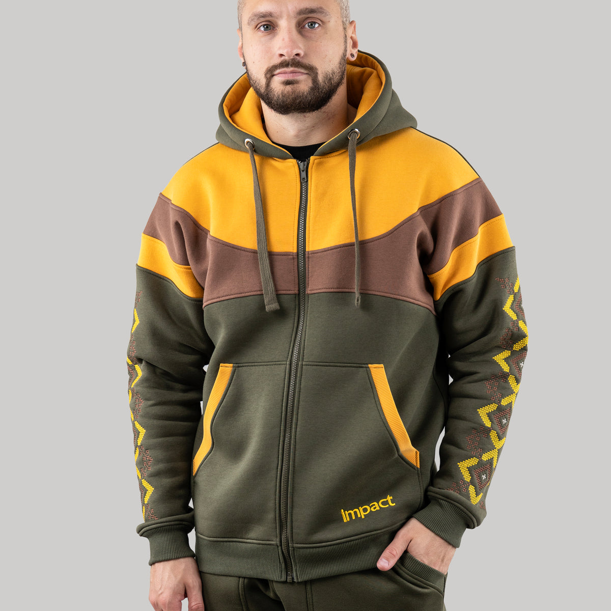 Zip-up hoodie “Sunrise”, Ukrainian vyshyvanka style hoodie for men