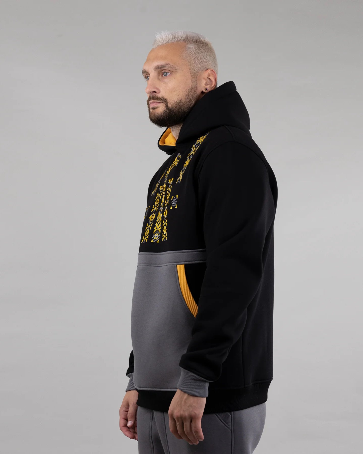Hoodie "Folk", warm casual hoodie Ukrainian vyshyvanka style. Black/graphite/mustard/.