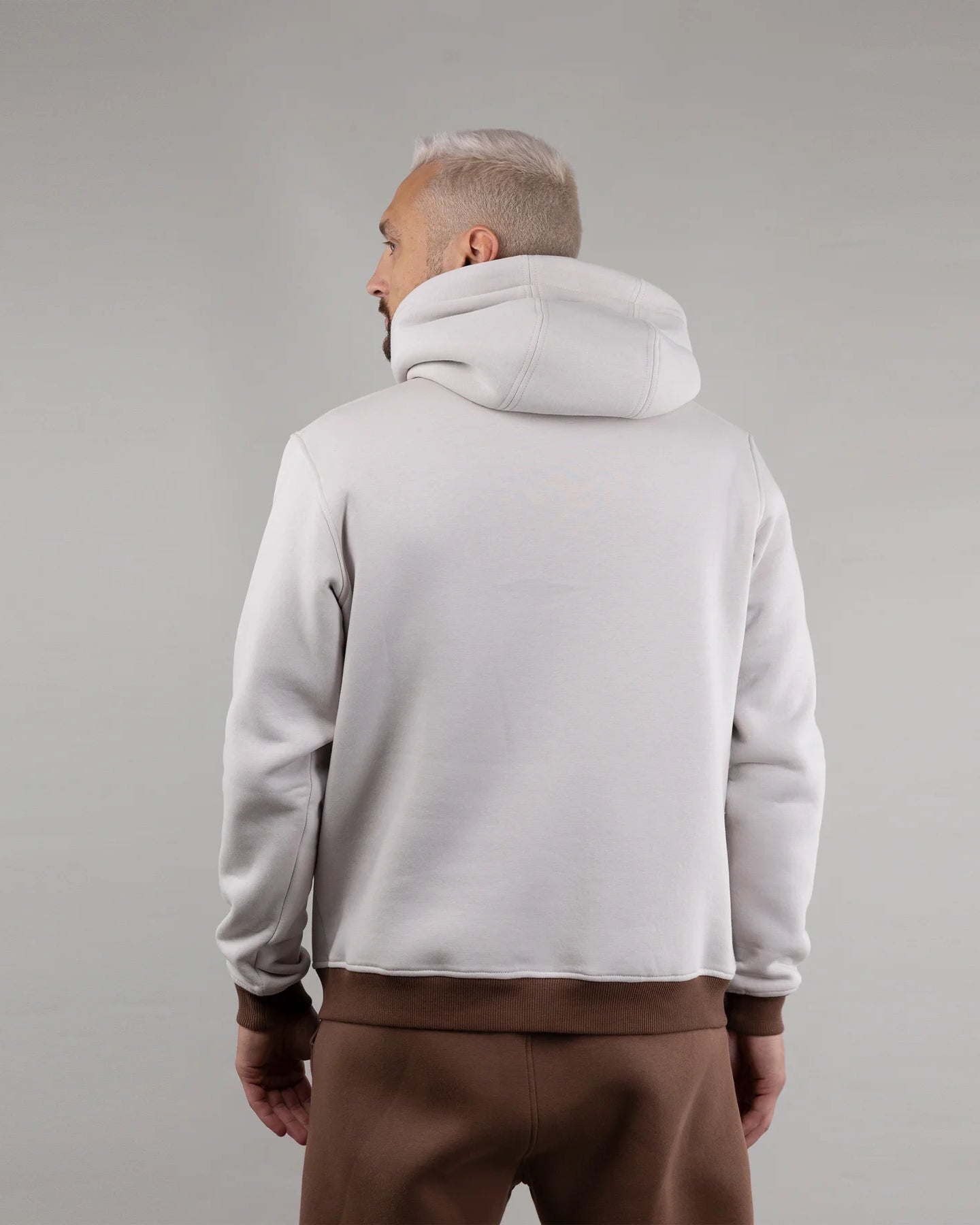 Hoodie "Folk", warm casual hoodie Ukrainian vyshyvanka style. Ivory/brown. Man from the back