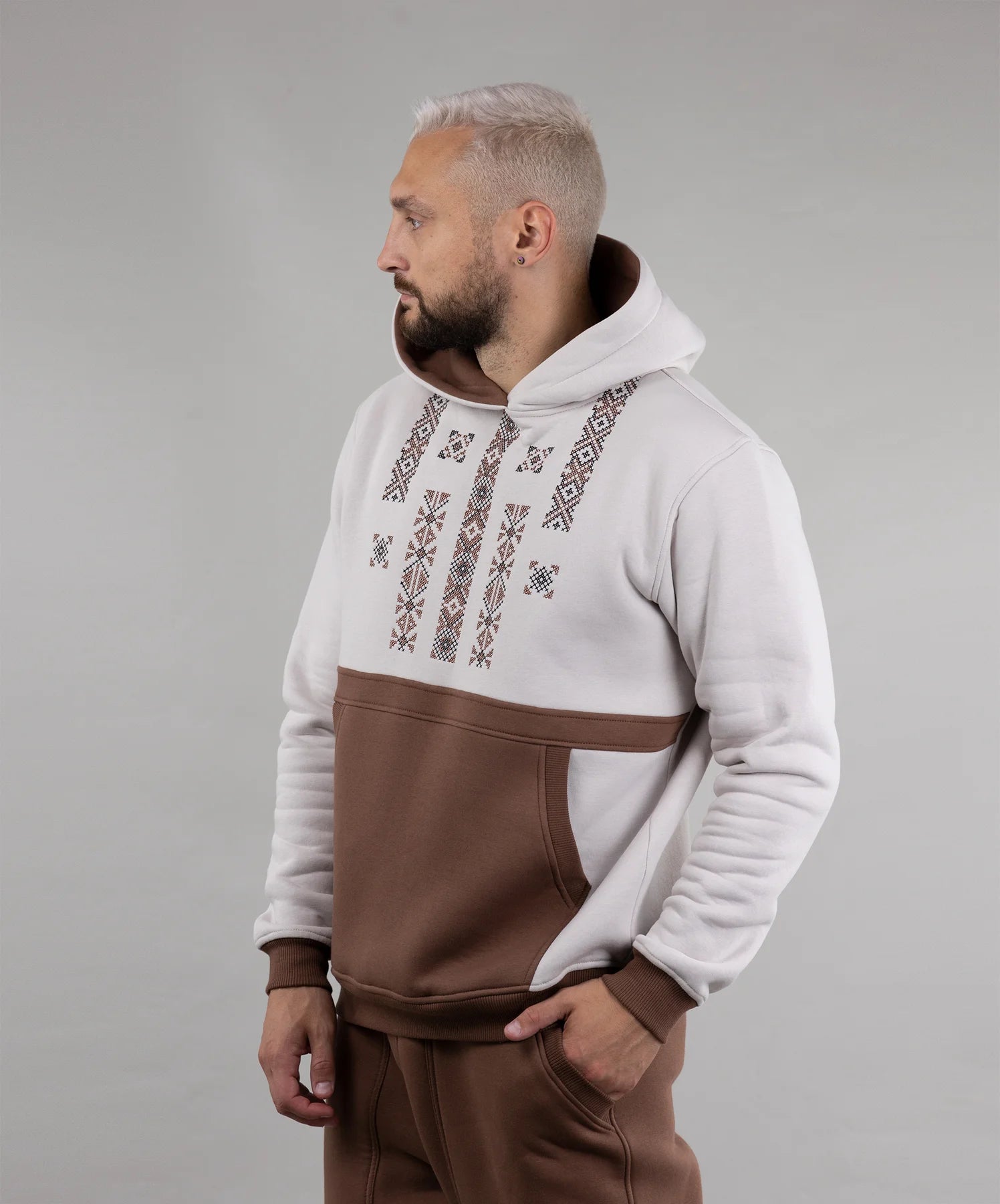 Hoodie "Folk", warm casual hoodie Ukrainian vyshyvanka style. Ivory/brown . Woman T