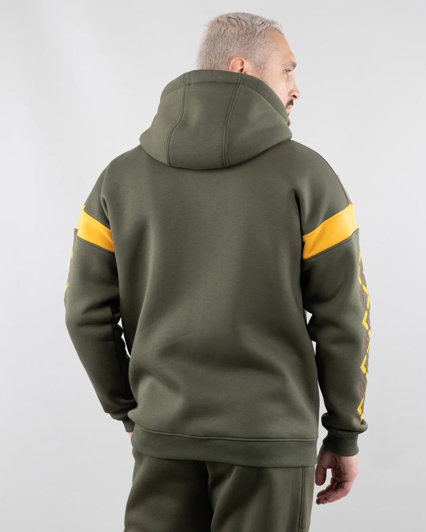 Khaki Zip-up hoodie “Sunrise”, Ukrainian vyshyvanka style