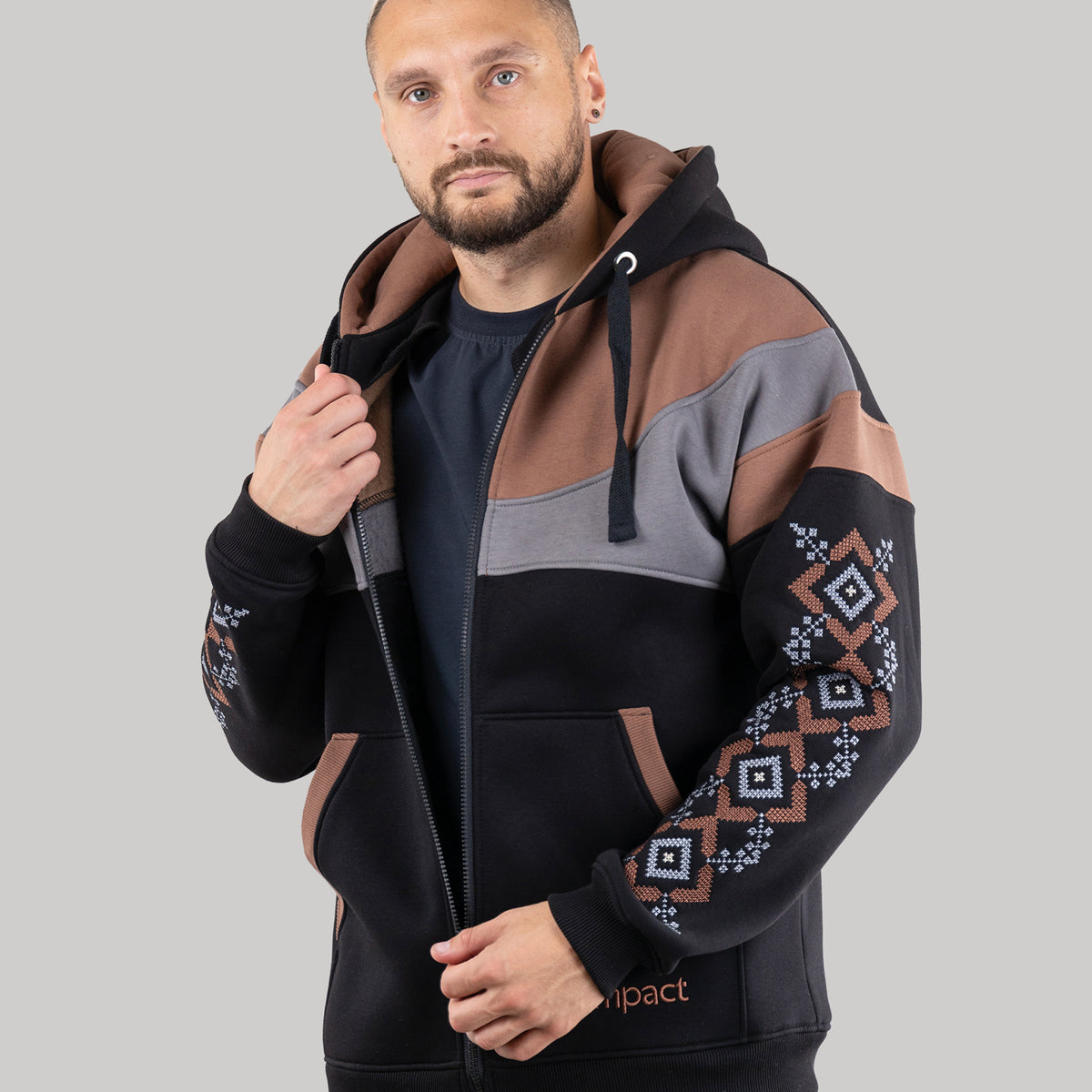 Zip-up hoodie “Sunrise”, Ukrainian vyshyvanka style hoodie for men