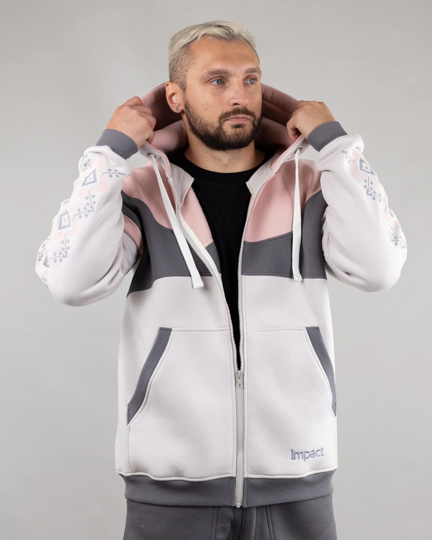Chic and Comfortable Zip-up hoodie “Sunrise”, Ukrainian vyshyvanka style. Ivory/Pink