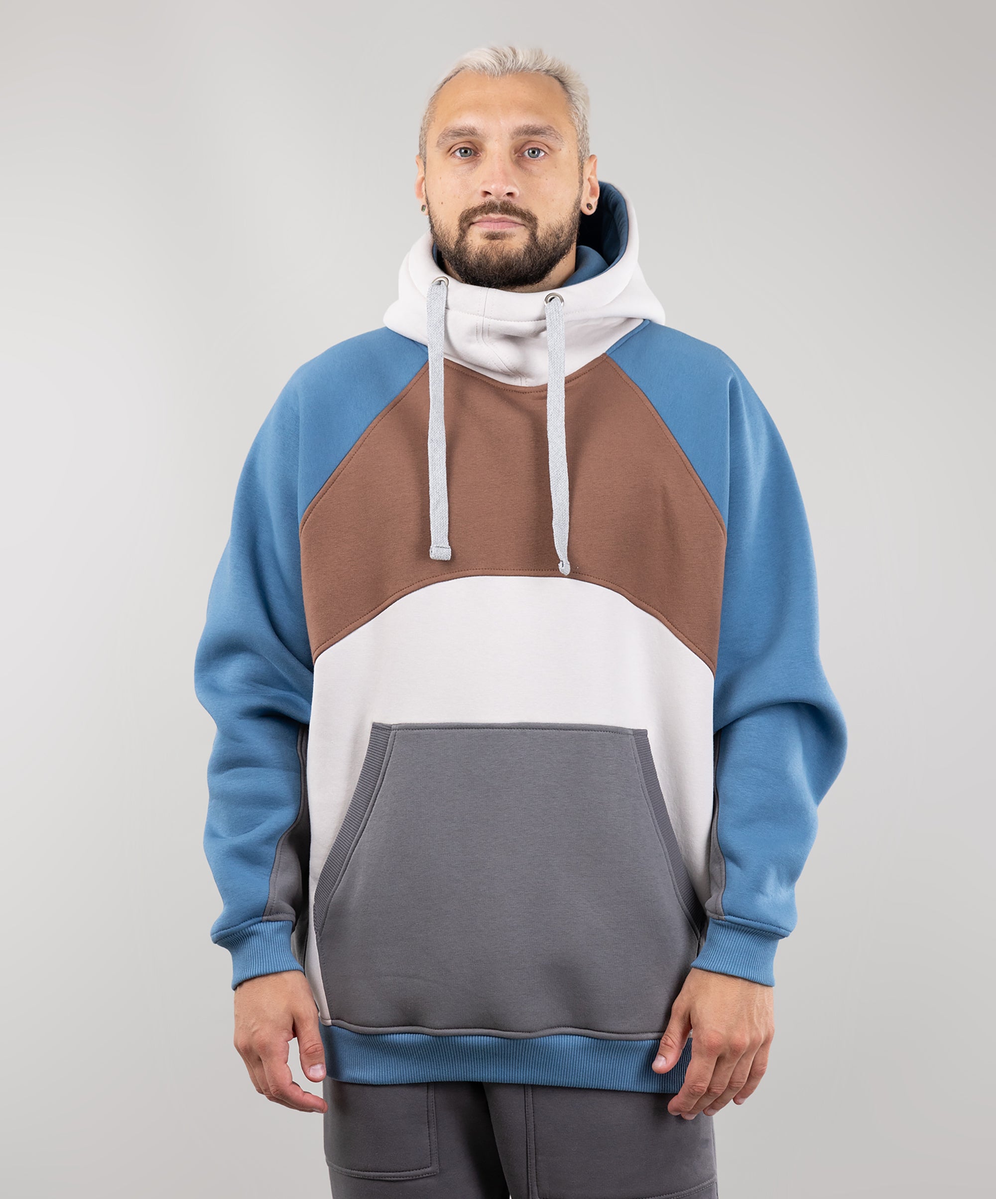 Hoodie "Umka", warm oversize hoodie. Brown/Cream/Blue. Man in Front