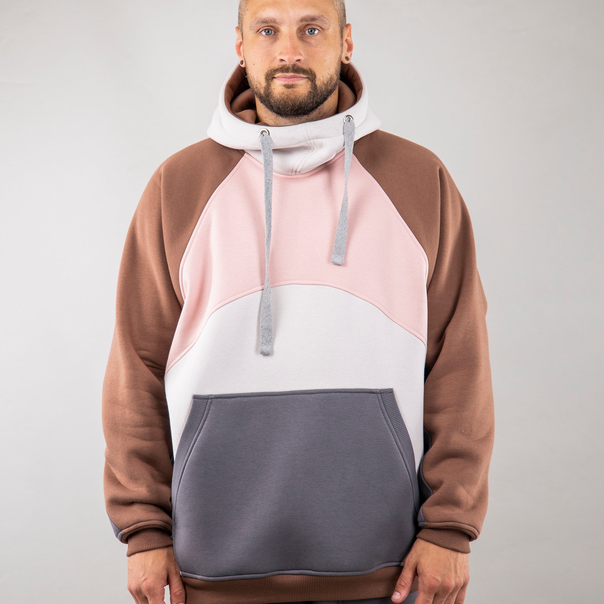 Hoodie "Umka", warm oversize hoodie. Pink/Cream/Brown. In front. Man
