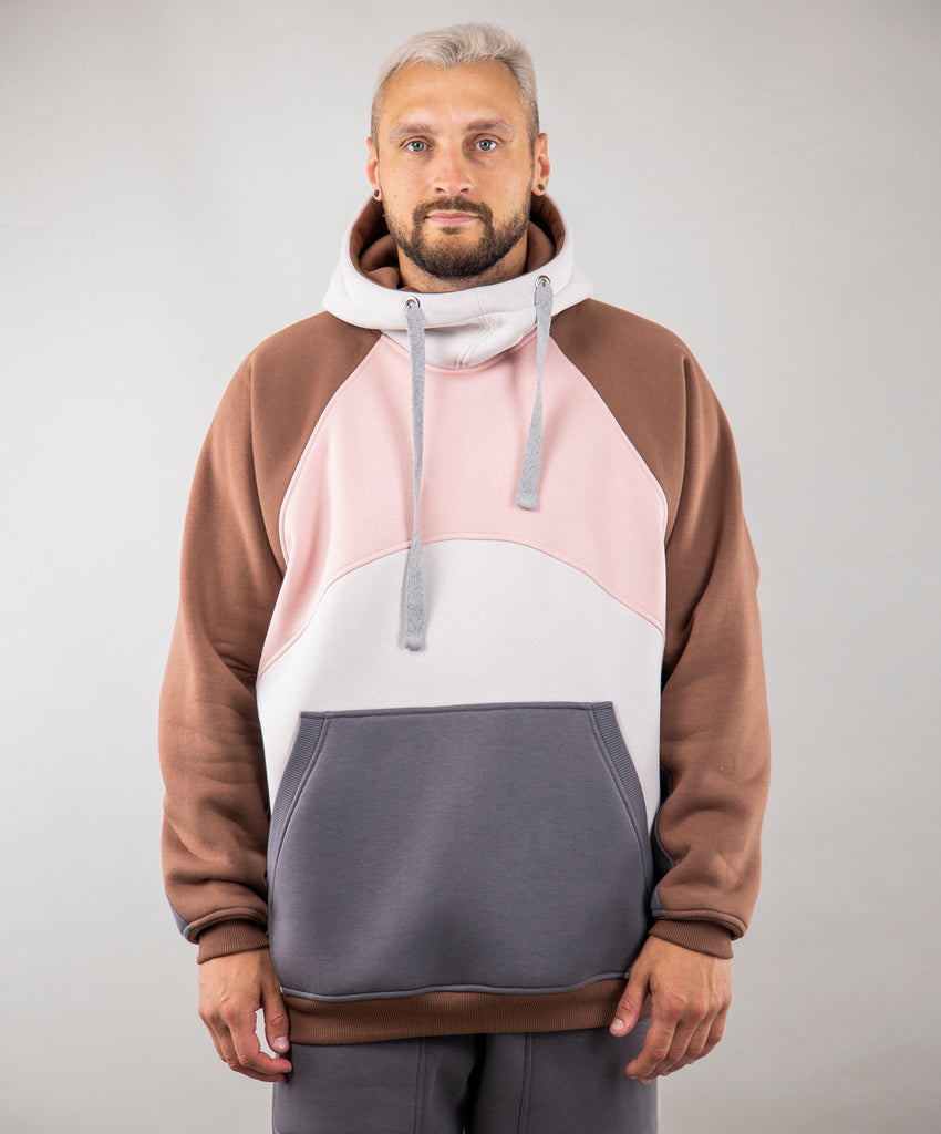 Hoodie "Umka", warm oversize hoodie. Pink/Cream/Brown. In front. Man
