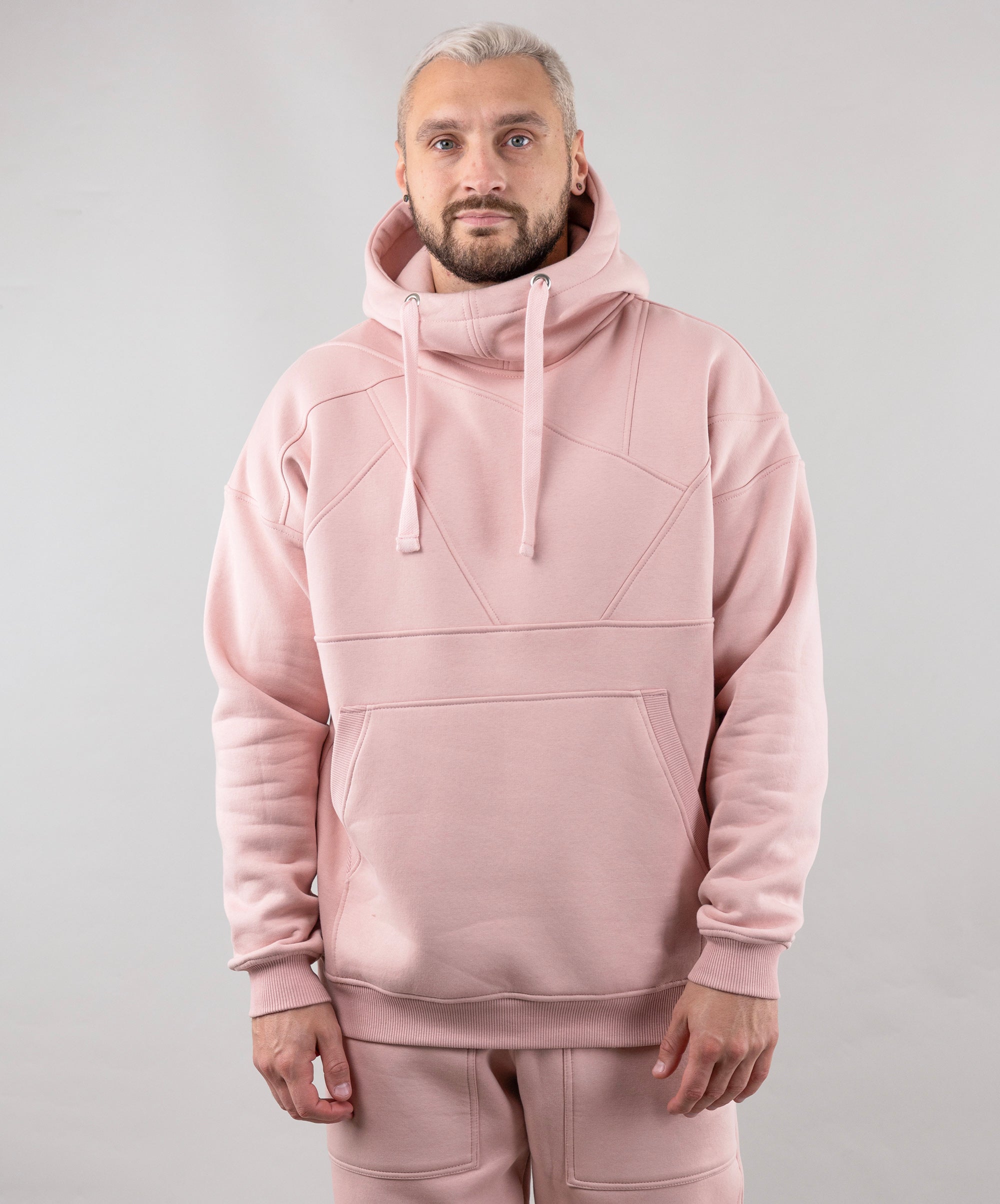 Warm Oversize Hoodie "Introvert". Pink. On the Man. In front