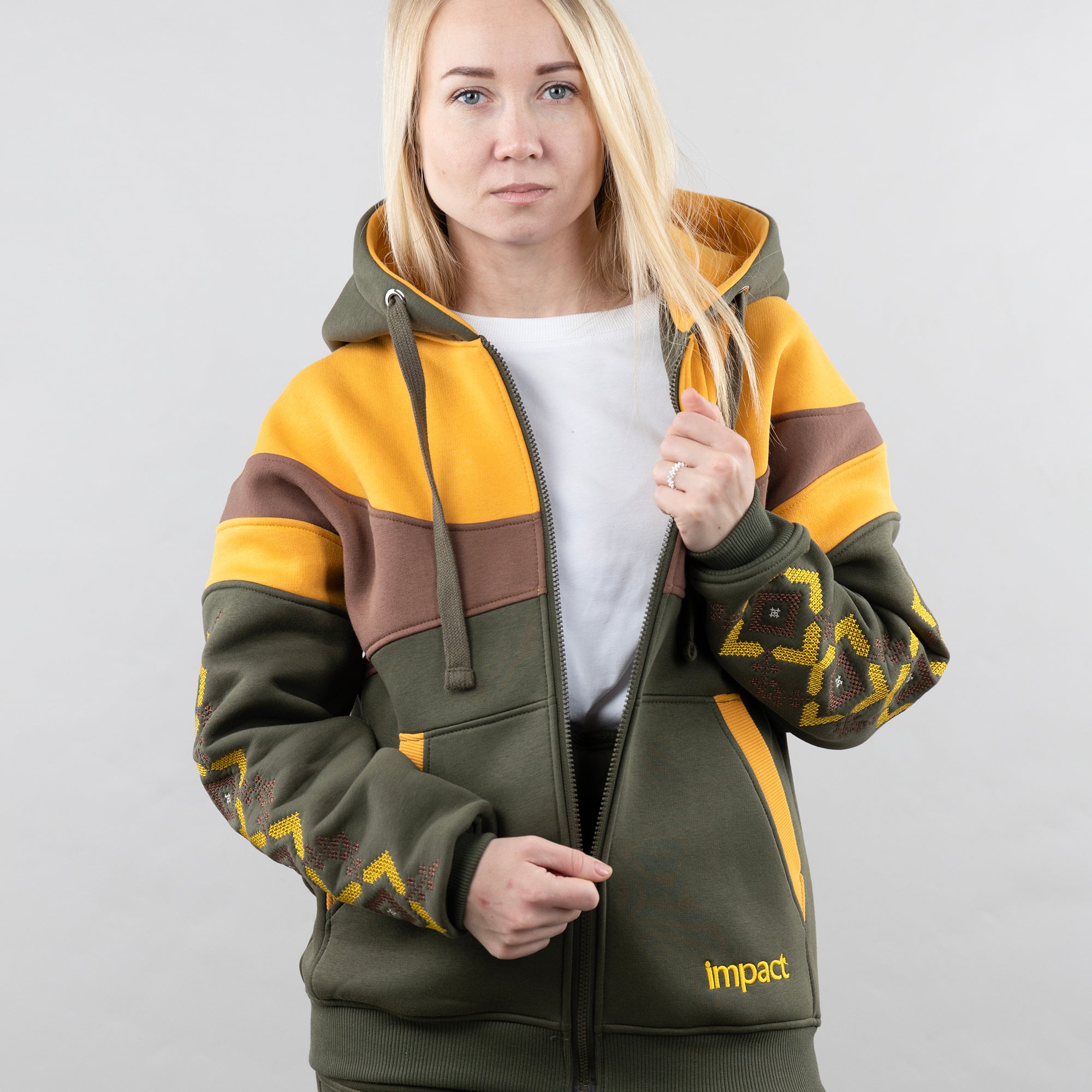 Zip-up hoodie “Sunrise”, Ukrainian vyshyvanka style hoodie for women