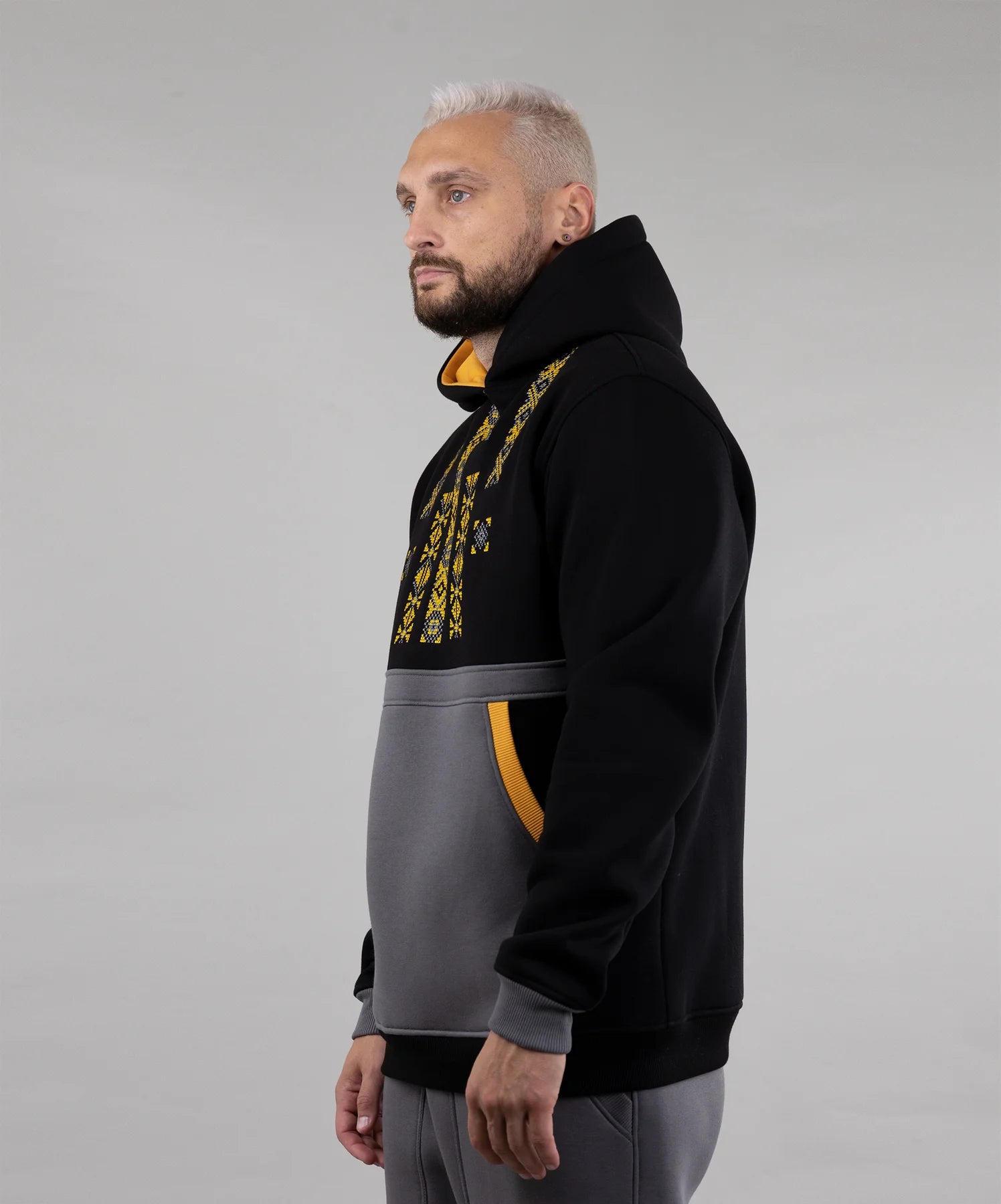 Hoodie "Folk", warm casual hoodie Ukrainian vyshyvanka style. Black/graphite/mustard/.