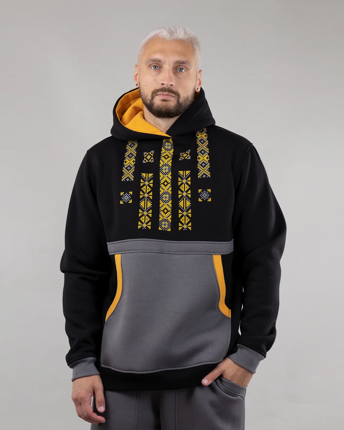 Folk-inspired: Black, Gray, and Brown Hoodie "Folk", warm casual hoodie Ukrainian vyshyvanka style