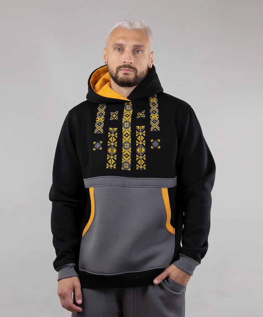 Folk-inspired: Black, Gray, and Brown Hoodie "Folk", warm casual hoodie Ukrainian vyshyvanka style