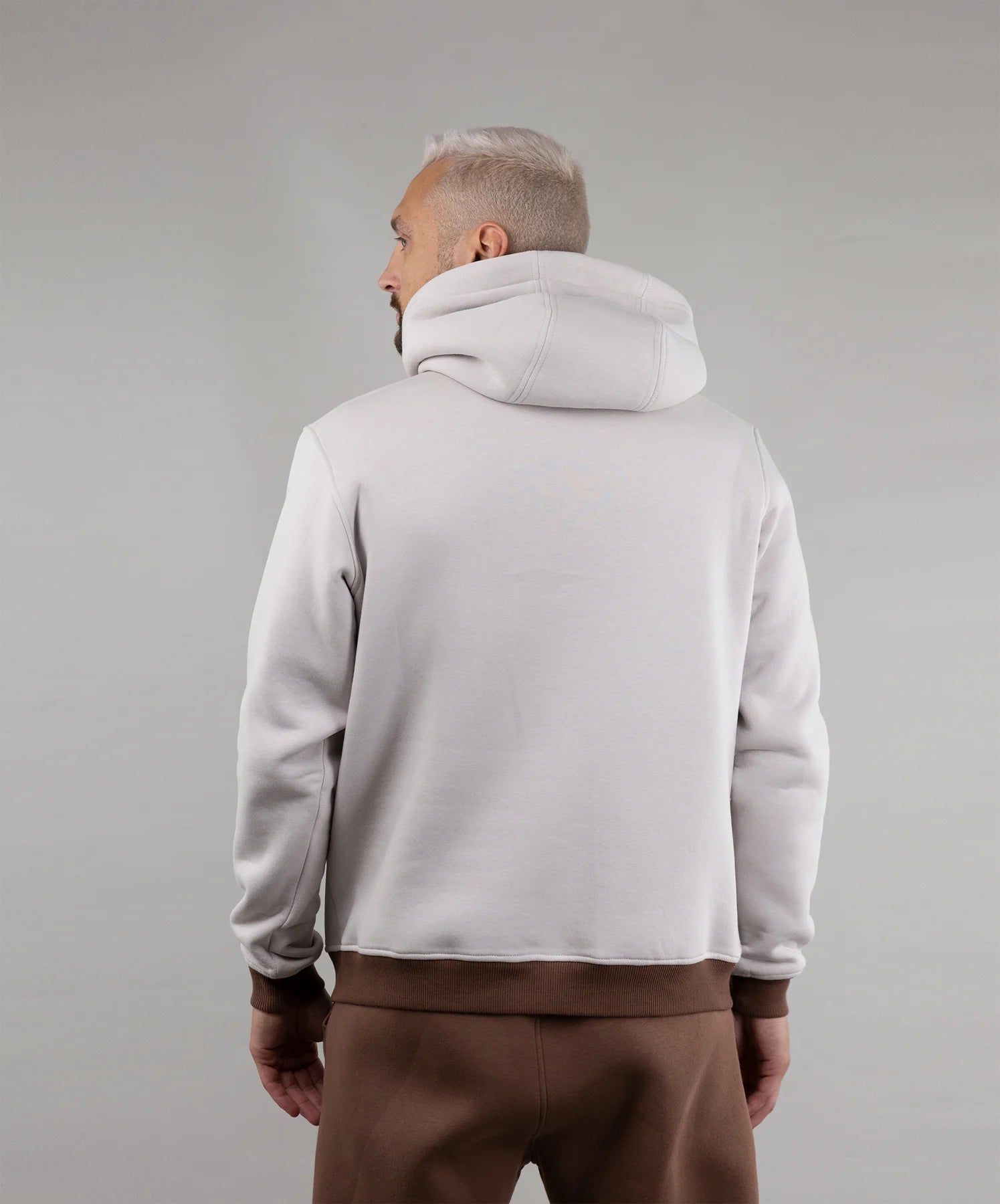 Hoodie "Folk", warm casual hoodie Ukrainian vyshyvanka style. Ivory/brown. Man from the back