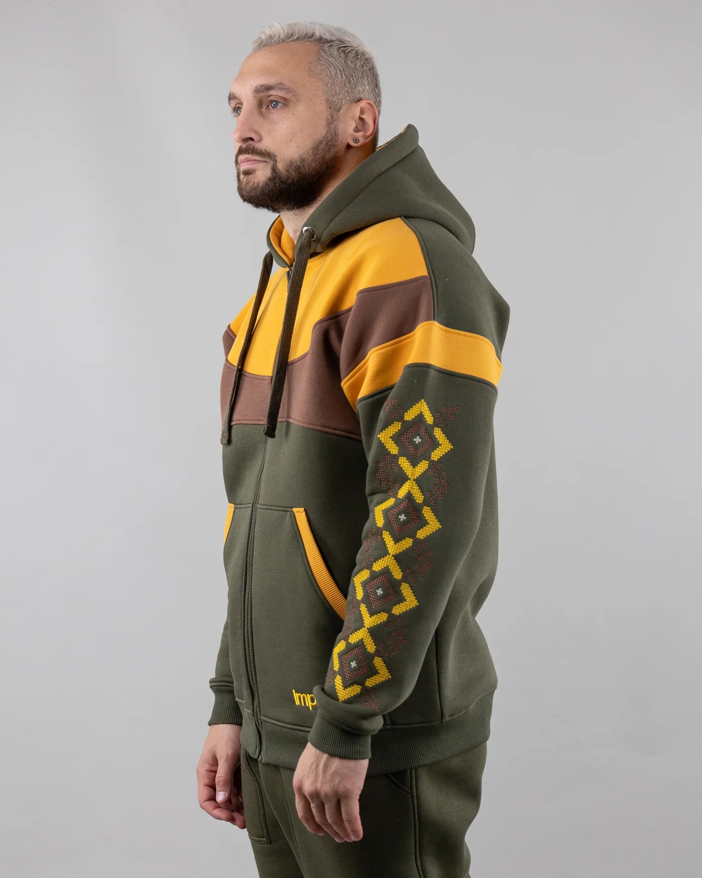 Khaki Zip-up hoodie “Sunrise”, Ukrainian vyshyvanka style