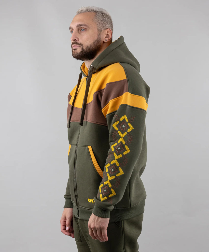 Khaki Zip-up hoodie “Sunrise”, Ukrainian vyshyvanka style