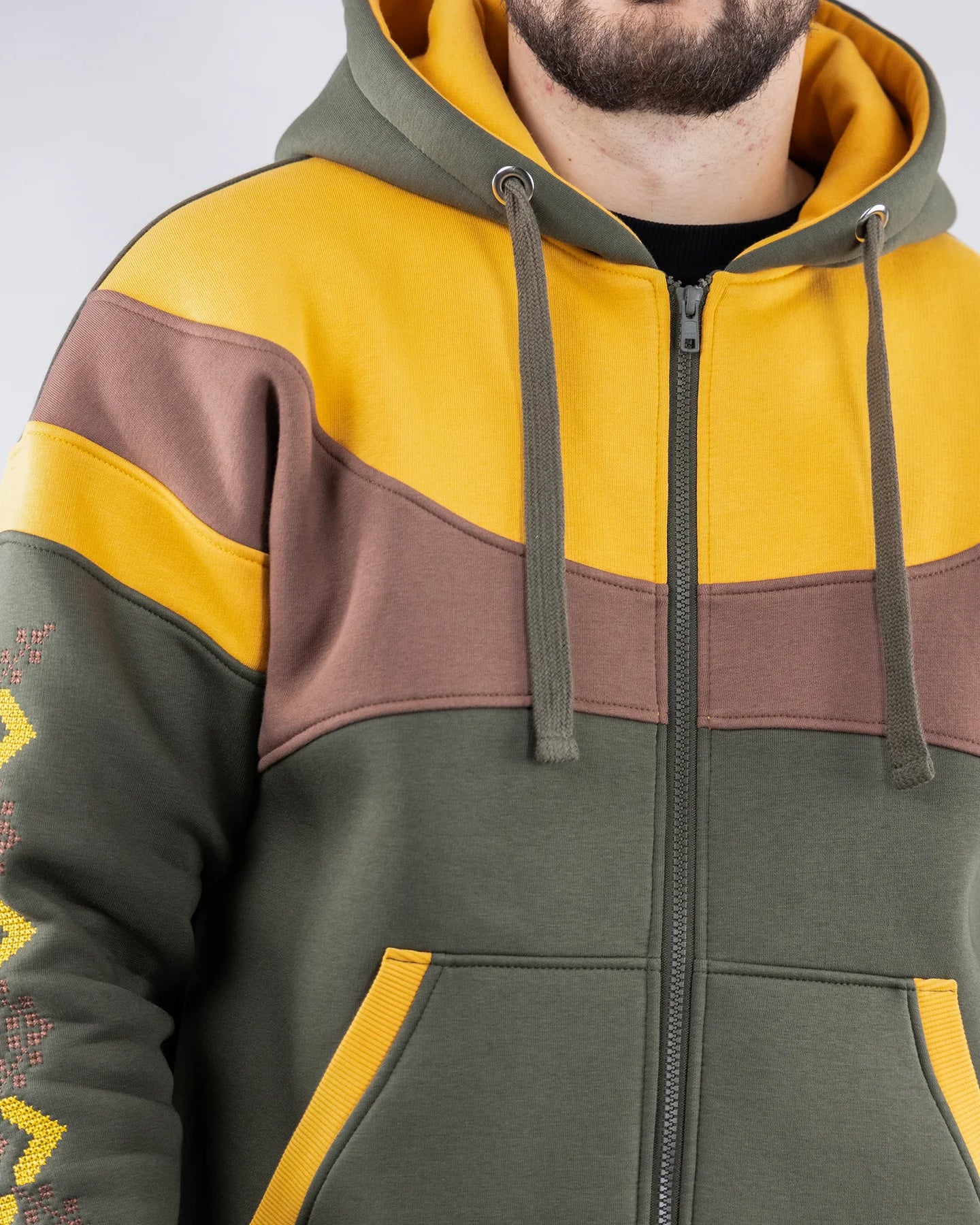 Unique Design: Zip-up hoodie “Sunrise”, Ukrainian vyshyvanka style. Khaki/Yellow