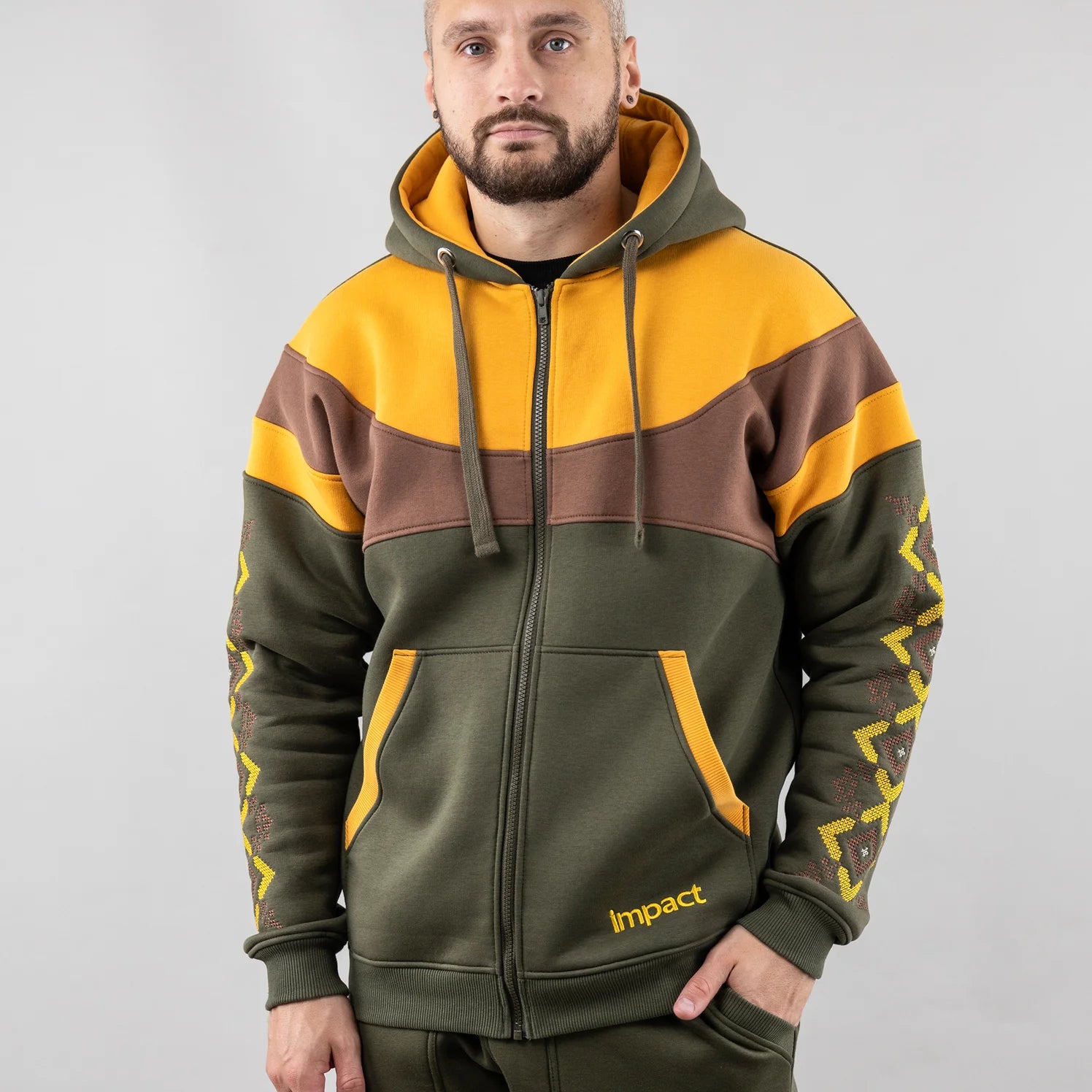 Zip-up hoodie “Sunrise”, Ukrainian vyshyvanka style. Main photo. Khaki/Yellow