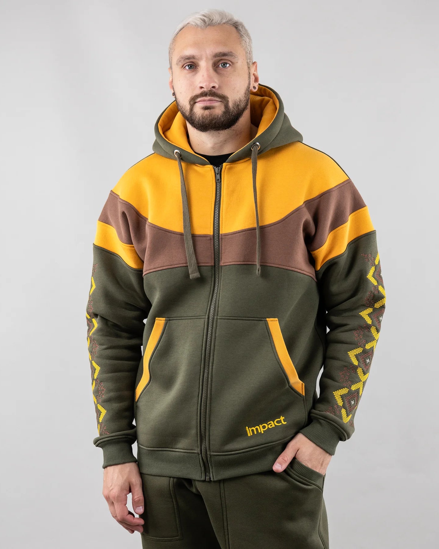 Zip-up hoodie “Sunrise”, Ukrainian vyshyvanka style. Main photo. Khaki/Yellow