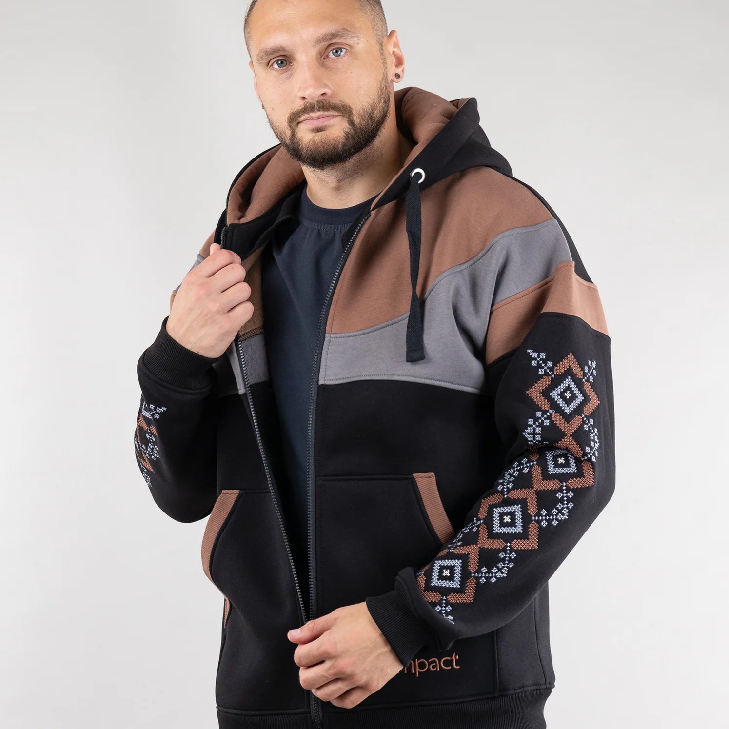 Urban Zip-up hoodie “Sunrise”, Ukrainian vyshyvanka style. Black/Brown
