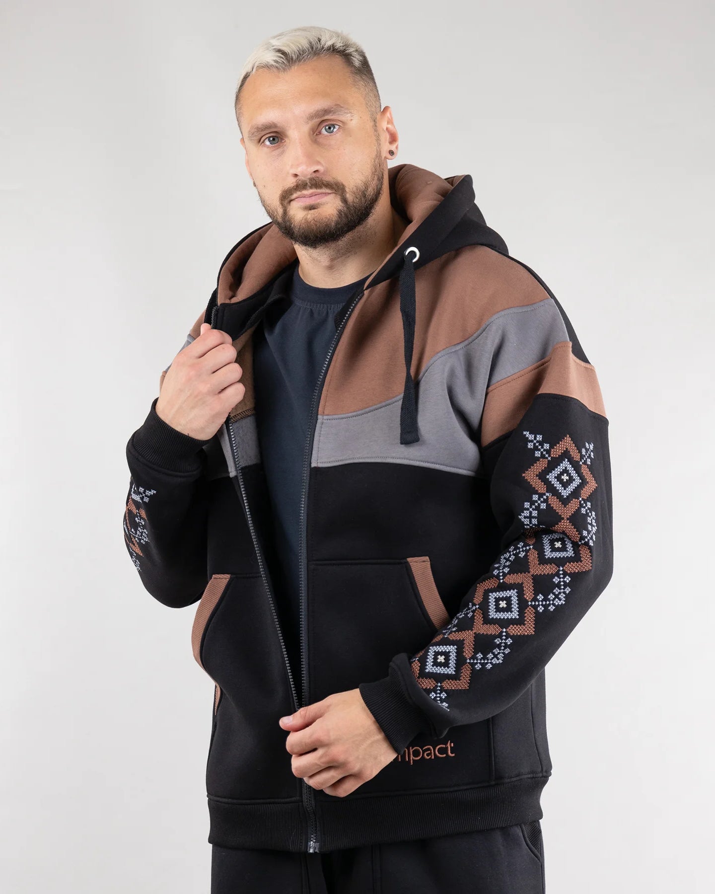 Urban Zip-up hoodie “Sunrise”, Ukrainian vyshyvanka style. Black/Brown