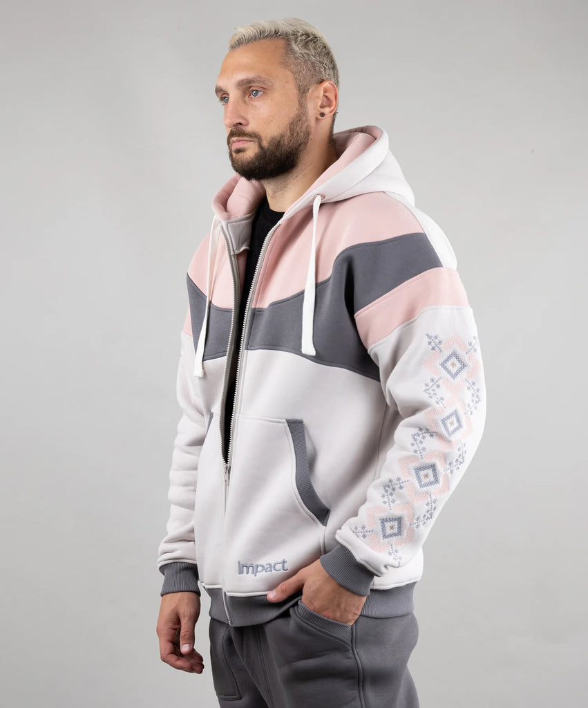 Zip-up hoodie “Sunrise”, Ukrainian vyshyvanka style.Ivory/Pink. In stock