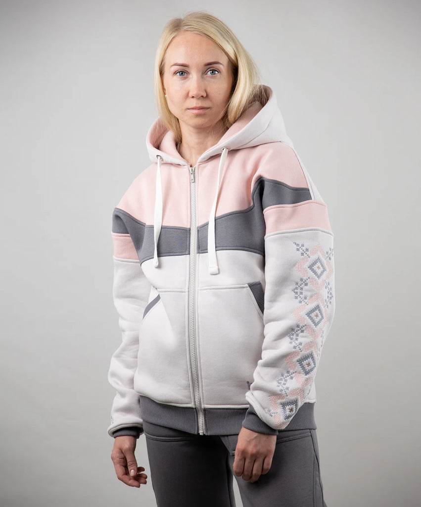 Cozy Ivory/Pink Zip-up hoodie “Sunrise”, Ukrainian vyshyvanka style