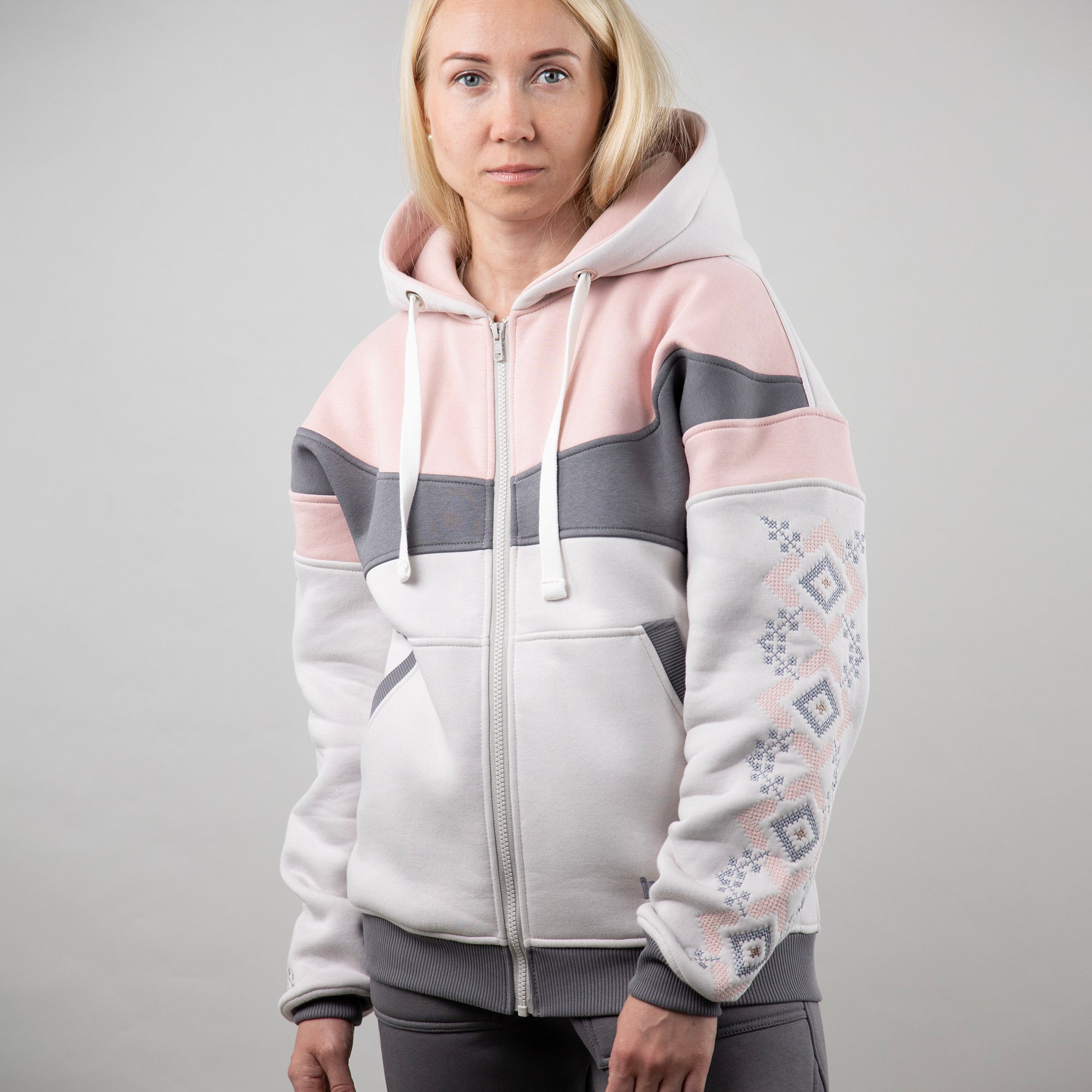 Zip-up hoodie “Sunrise”, Ukrainian vyshyvanka style hoodie for women