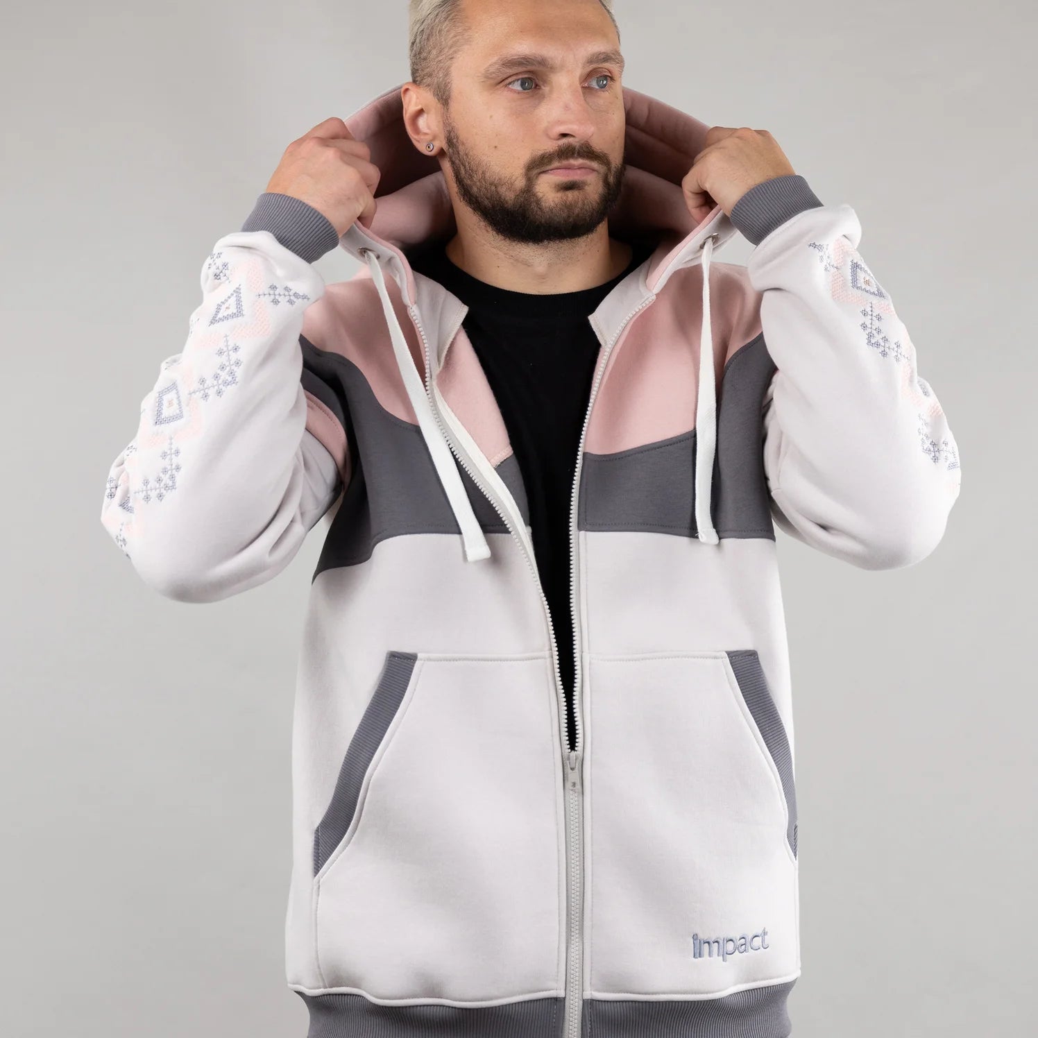 Chic and Comfortable Zip-up hoodie “Sunrise”, Ukrainian vyshyvanka style. Ivory/Pink