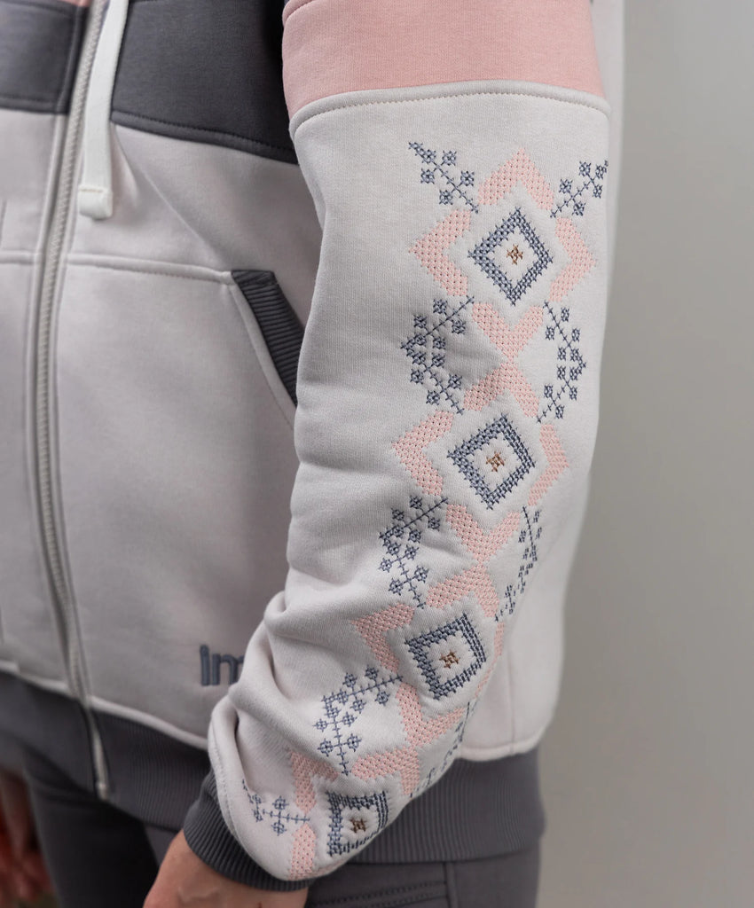 Zip-up hoodie “Sunrise”, Ukrainian vyshyvanka style.Ivory/Pink. Sleeve Man