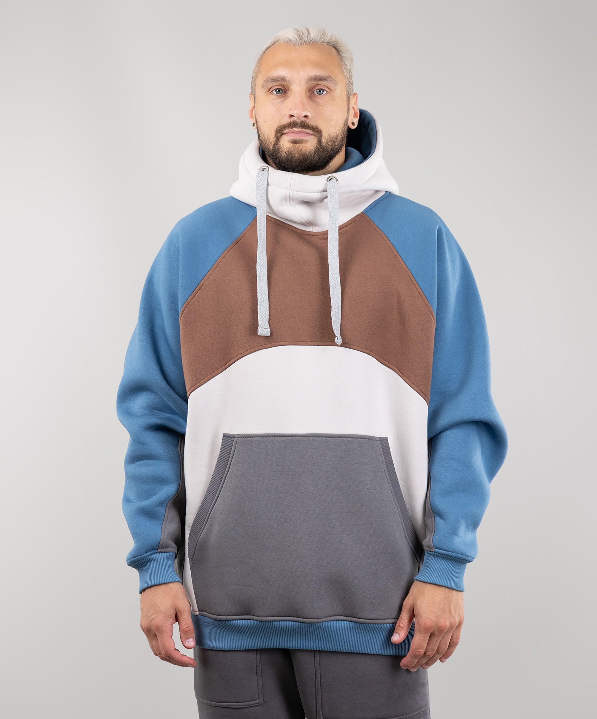 Hoodie "Umka", warm oversize hoodie.  Brown/Cream/Blue. Man in Front