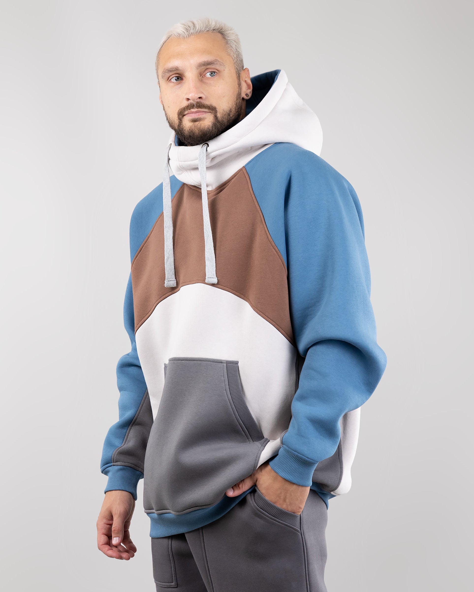 Hoodie "Umka", warm oversize hoodie. Brown/Cream/Blue. Man.