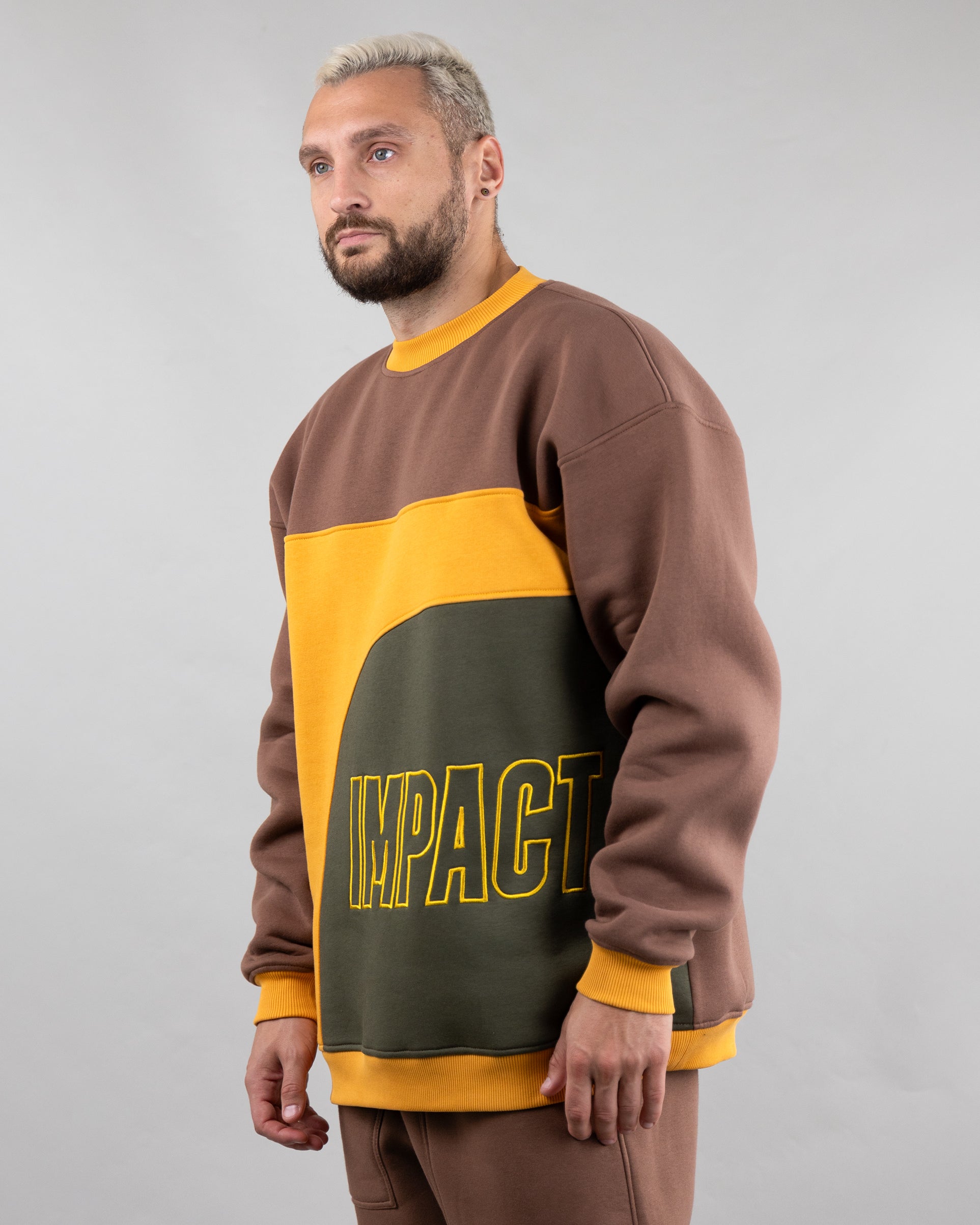 Sweatshirt "Echo", oversized casual unisex sweatshirt with embroidery. Brown/yellow/khaki