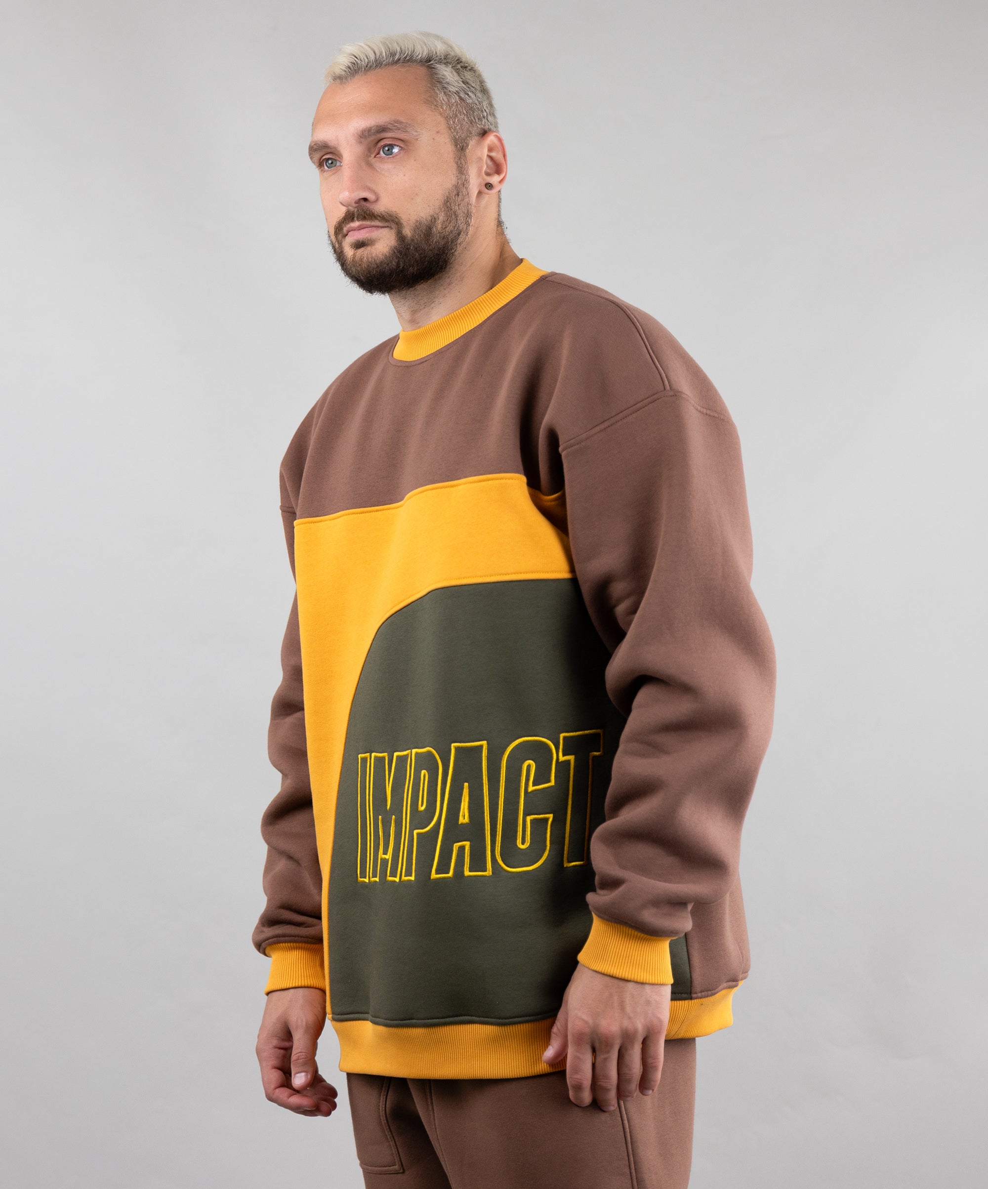 Sweatshirt "Echo", oversized casual unisex sweatshirt with embroidery. Brown/yellow/khaki